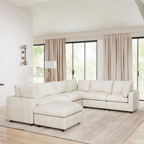 Modular Cloud Couch, 134 in. Square Arm Chenille L-Shaped Sectional Sofa with Chaise Ottoman, Washable Covers in Beige