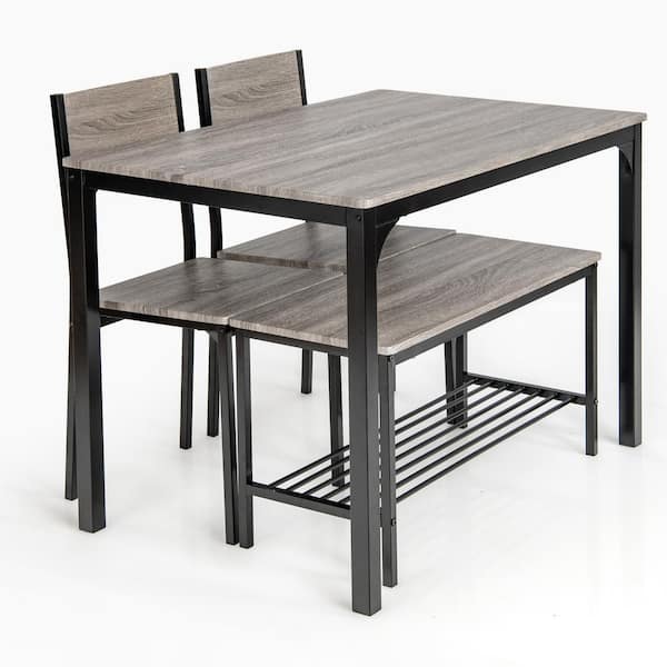 HONEY JOY 4-Pieces Gray Wood Top Dining Table Set Kitchen Table with Bench and Chairs Dining Room Set