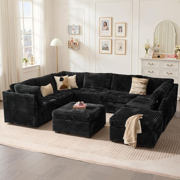 CUKE 127 in. Wide 9-Piece Modern Deep Seat Plush Corduroy U-Shape Modular Sectional Sofa Couch in Black with Ottomans