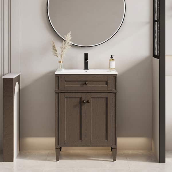 24 in. W x 18 in. D x 34 in. H 1-Sink Freestanding Bath Vanity in Brown With White Ceramic Top and Drain Faucet Set