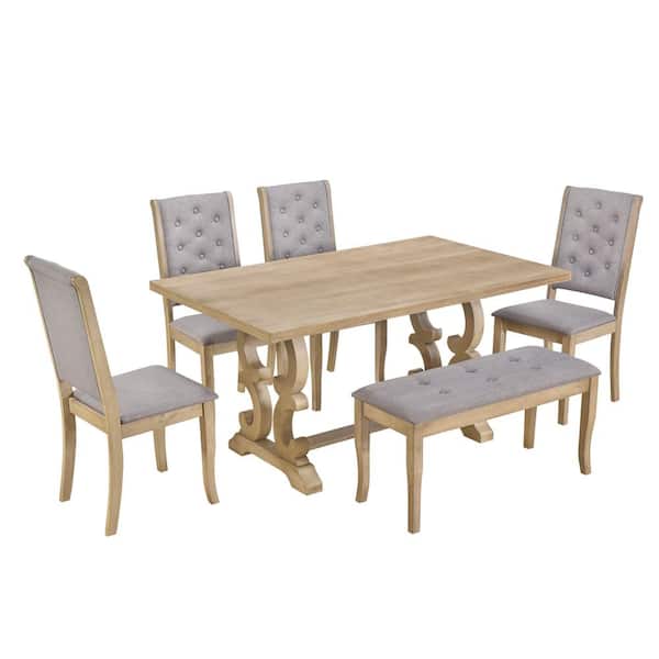Sudzendf Gray Wash 6-Piece Wood Outdoor Dining Set with Light Gray Cushion