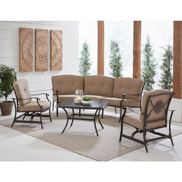 Hanover Traditions 4-Piece Aluminum Patio Conversation Set with Tan Cushions, Cast-Top Coffee Table, Sofa and 2-Rockers