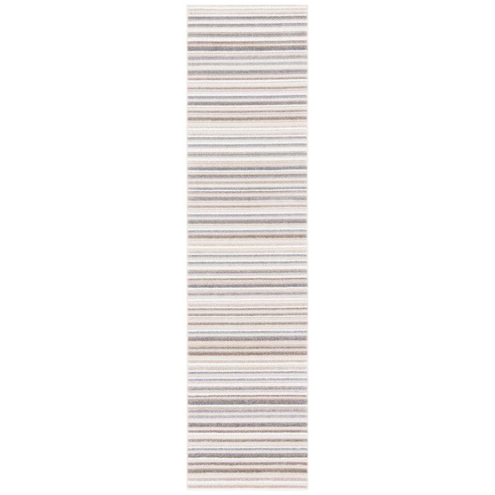 Ivory and Grey Geometric Synthetic Runner Rug, 2'2" x 9'