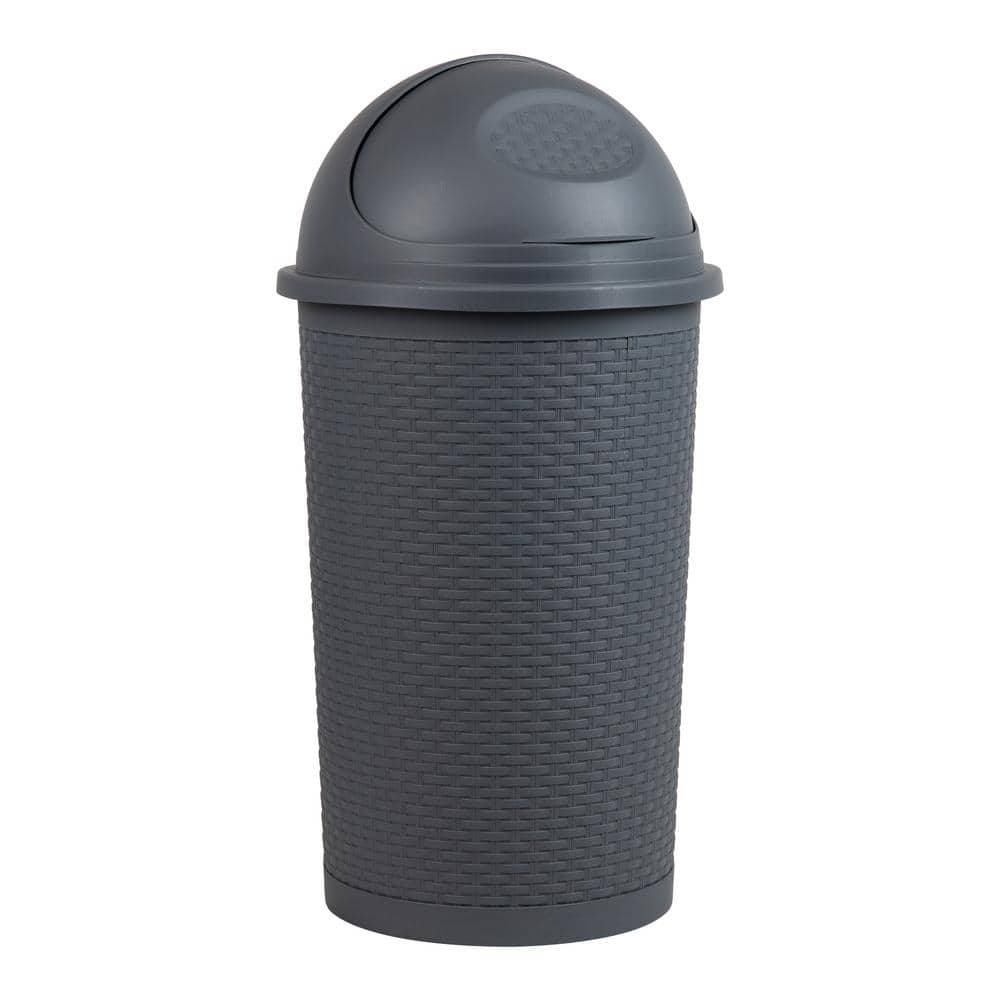 13 Gal. Gray Roll-Top Kitchen Garbage Can, Trash Can with Lid Wicker Design Plastic 16 in. L x 16 in. W x 31.5 in. H