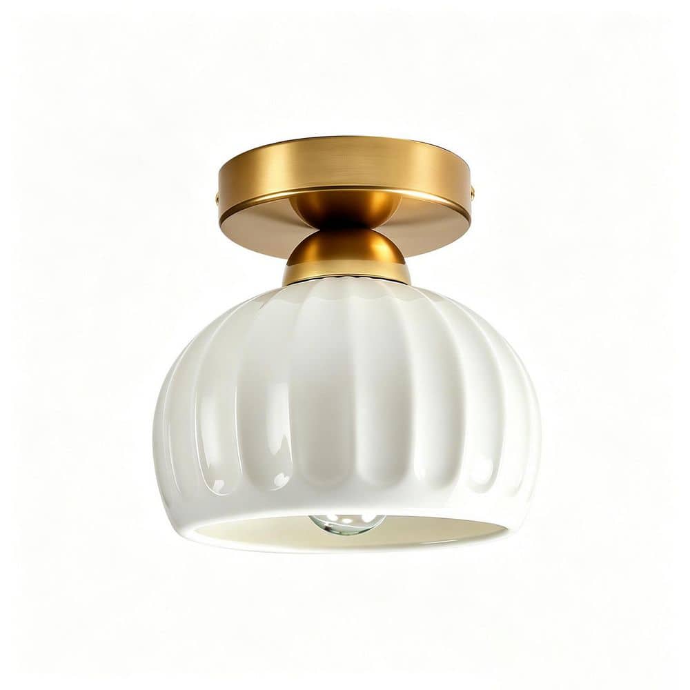 7 in. Cage Brushed Copper Semi-Flush Mount Ceiling Light with Ribbed White Shade, Vintage Ceiling Fixture for Bedroom price history on PriceWatchPro