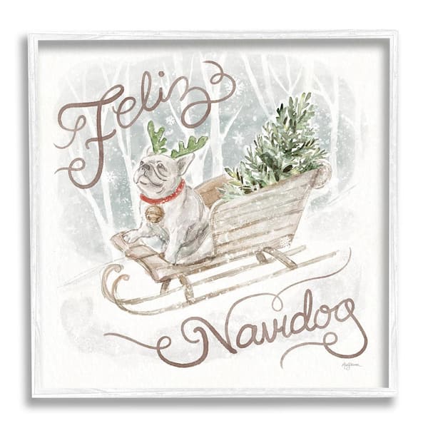 Stupell Industries Feliz Navidog Bulldog by Mary Urban 1 Piece Framed Graphic Print Animal Poster Art Print 12 in. x 12 in.