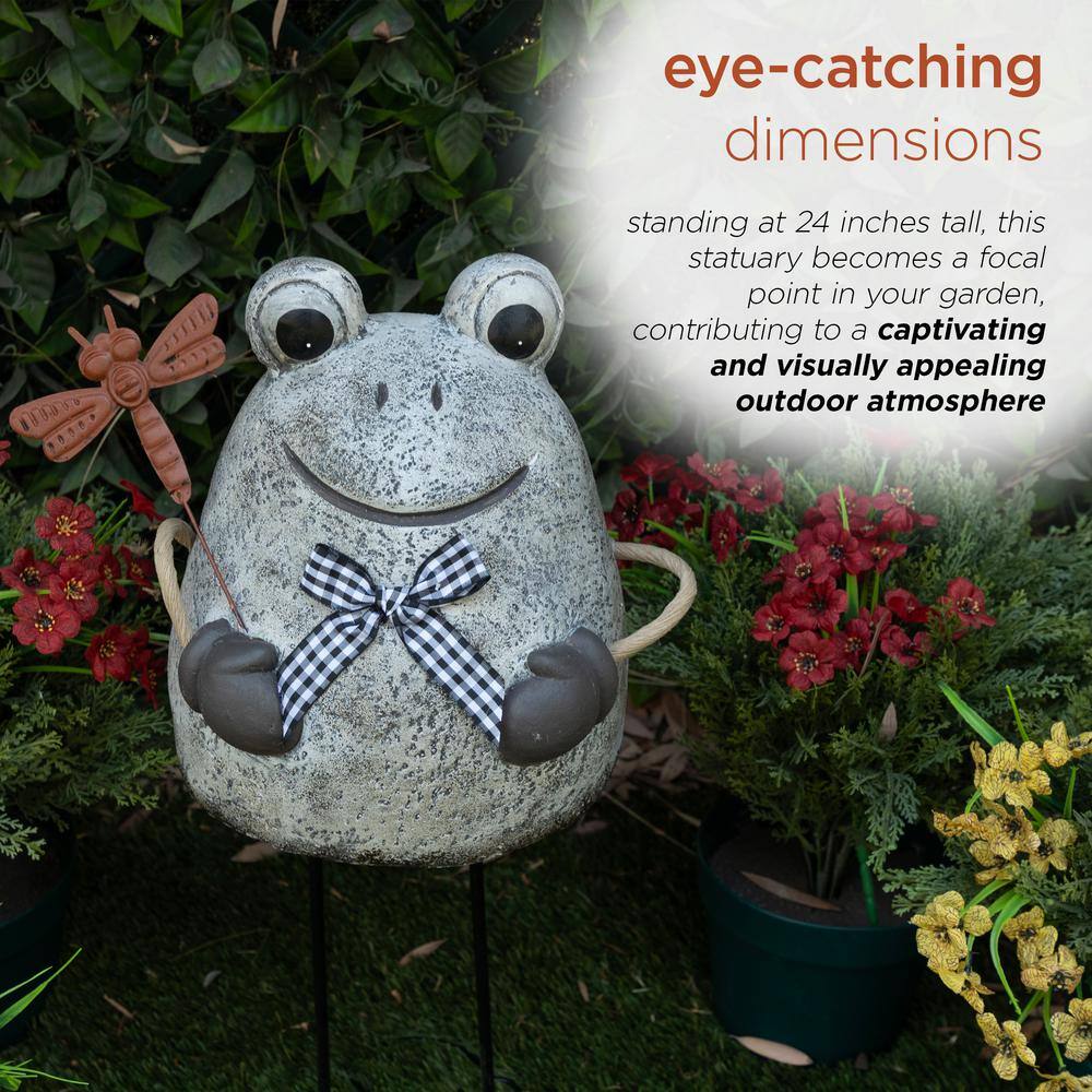 24" Stone Finish Frog with Metal Dragonfly Garden Statue