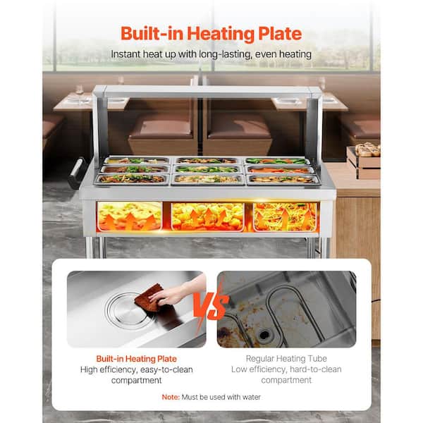 9-Pan Commercial Food Warmer, 1500 Watt Electric Steam Table with Undershelf and Wheels, Stainless Steel Buffet Server