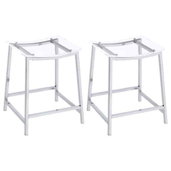 Benjara 24 in. Chrome and Clear Backless Metal Bar Stool with Plastic Seat (Set of 2)