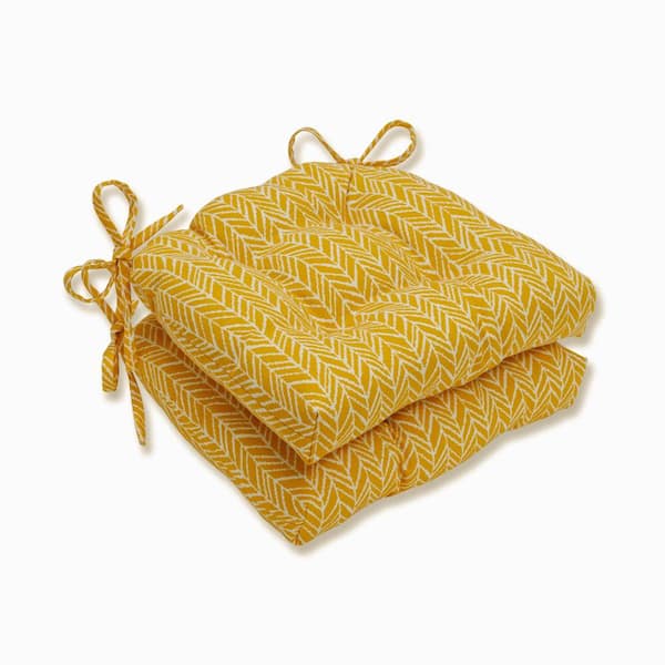 Pillow Perfect 16 in. x 15.5 in. Outdoor Dining Chair Cushion in Yellow/Ivory (Set of 2)