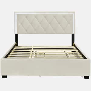 Beige Wood Frame Queen Size Trundle Velvet Storage Platform Bed, with 2 Big Drawers, Twin XL Size Trundle and LED Light