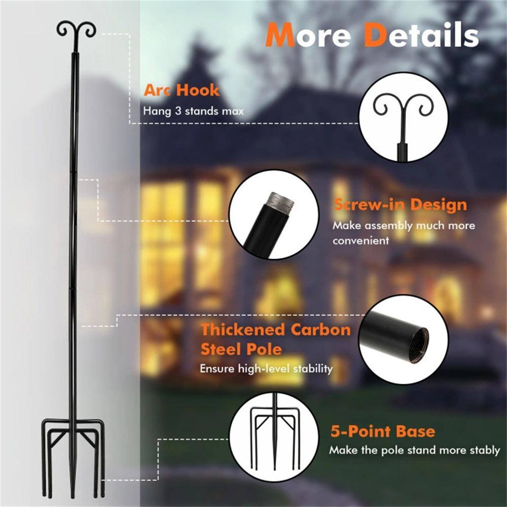 Black Steel Outdoor String Light Poles with Arc Hook and 5-Prong Base - 10 ft