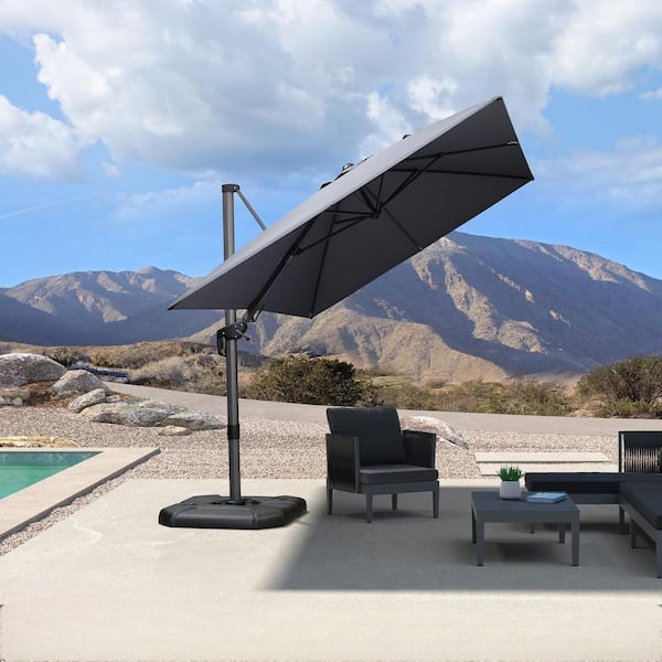 PURPLE LEAF 8 ft. x 11 ft. Cantilever Patio Umbrella Swivel Aluminum Offset 360° Rotation Umbrella with Base, Light Gray