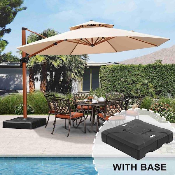 13 ft. Octagon High-Quality Wood Pattern Aluminum Cantilever Patio Umbrella with Stand, Beige