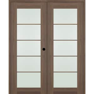 Vona 36 in. x 80 in. 5-Lite Left Hand Active Frosted Glass Pecan Nutwood Wood Composite Double Prehung French Door
