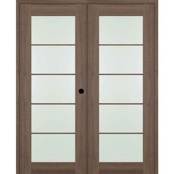Belldinni Vona 60 in. x 96 in. 5-Lite Left Hand Active Frosted Glass Pecan Nutwood Wood Composite Double Prehung French Door
