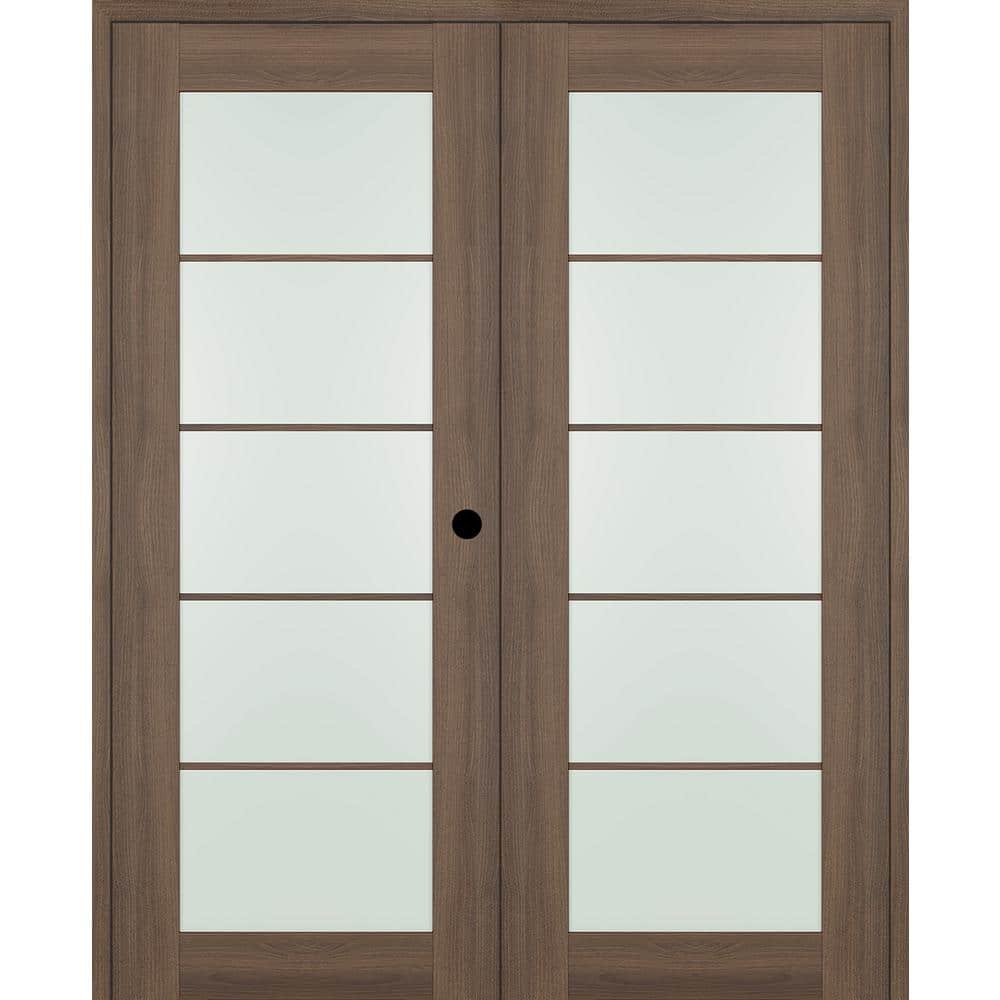 Pecan Nutwood Medium Brown Frosted Glass Composite Double Prehung French Door