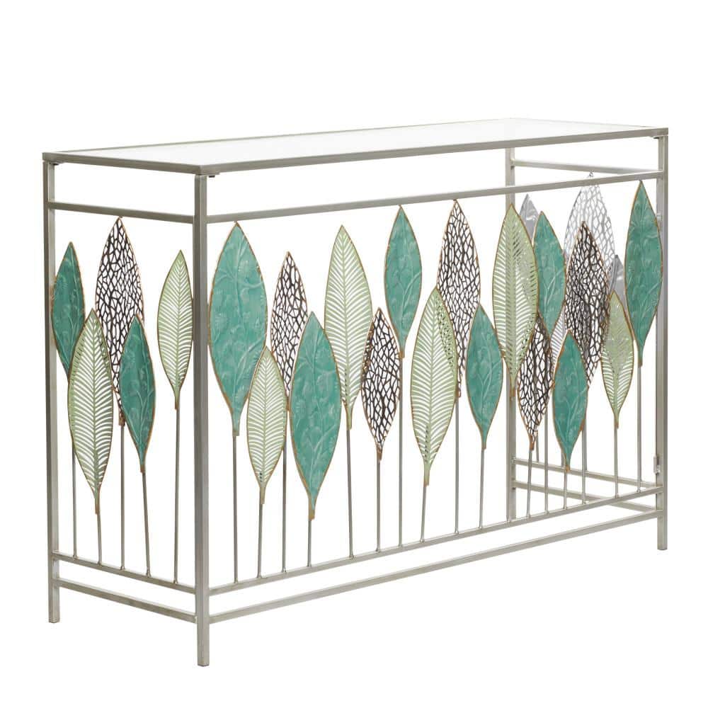 Silver Metal and Glass Console Table with Leaf Design