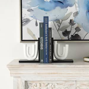 White Wooden Layered U-Shaped Abstract Bookends with Black Stands (Set of 2)