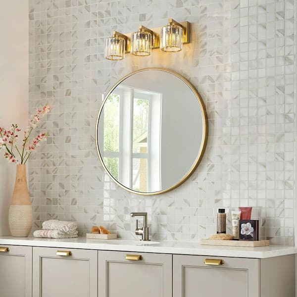 Orillia 20 in. 3-Light Gold Vanity Light with Cylinder Crystal Shade Modern Wall Mount Sconce for Bathroom Powder Room