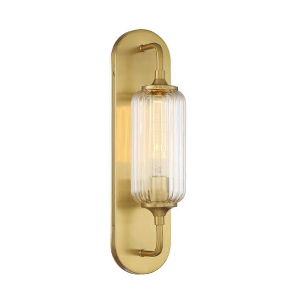 Holton 4.5 in. W x 18 in. H 1-Light Warm Brass Dimmable Wall Sconce with Clear Ribbed Glass Shade