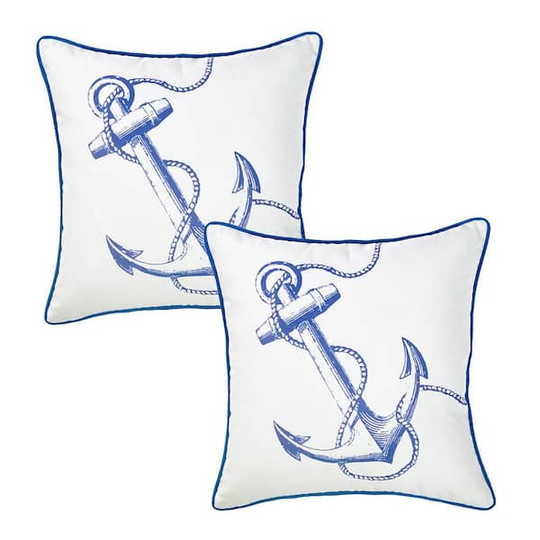 MIKE & Co. NEW YORK Nautical Coastal Anchor Decorative Set of 2 Throw Pillow Covers 18 in. x 18 in. Square White and Blue