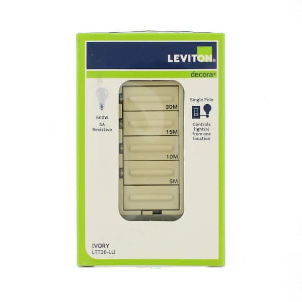 Single Pole Ivory Leviton LTT30-1LI Decora 600W Incandescent/5A Resistive 5-10-15-30 Minute Preset Countdown Timer