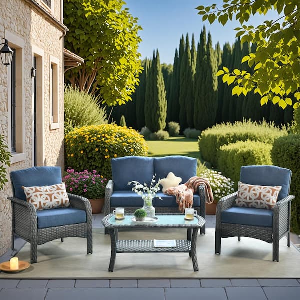 Hyacinth Gray 4-Piece Wicker Patio Outdoor Conversation Seating Set with a Coffee Table and Denim Blue Cushions