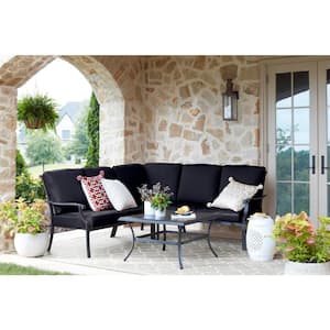 Redwood Valley Black 4-Piece Steel Outdoor Patio Sectional Sofa Set with CushionGuard Midnight Navy Blue Cushions