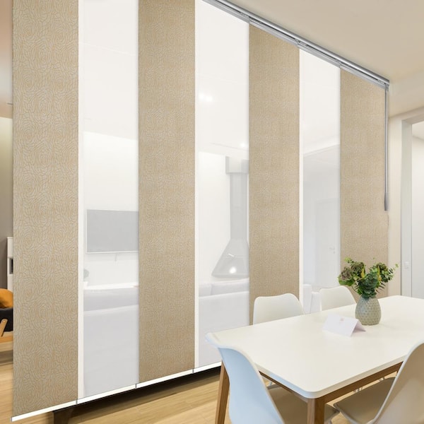 EMOH Sand Dune 110 in. - 153 in. W x 94 in. L Adjustable Light Filtering 7-Panel Satin Nickel Panel Track 23.5 in. Slates