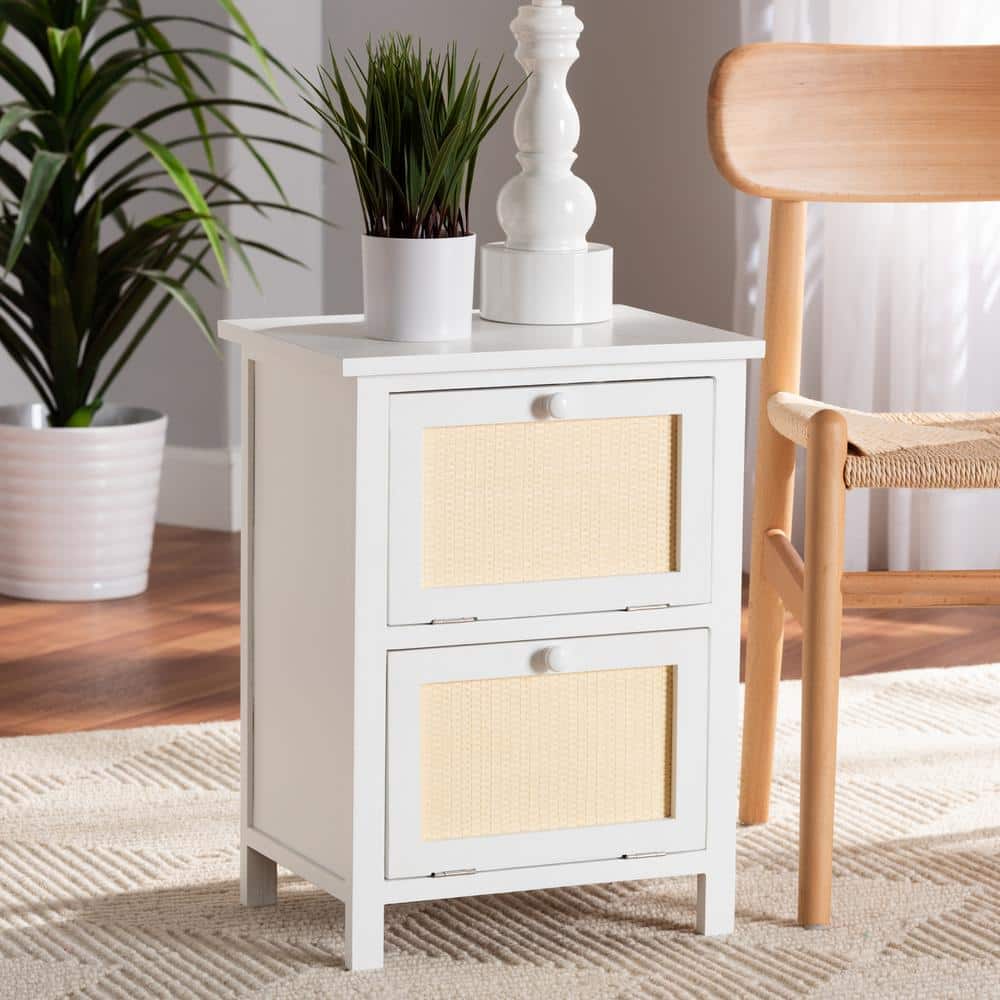 Sariah Mid-Century Rattan Accented 2-Drawer Nightstand - White