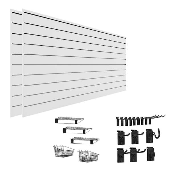 48 in. H x 96 in. W PVC Slatwall Kit with Ultimate Bundle in White (25-Piece)