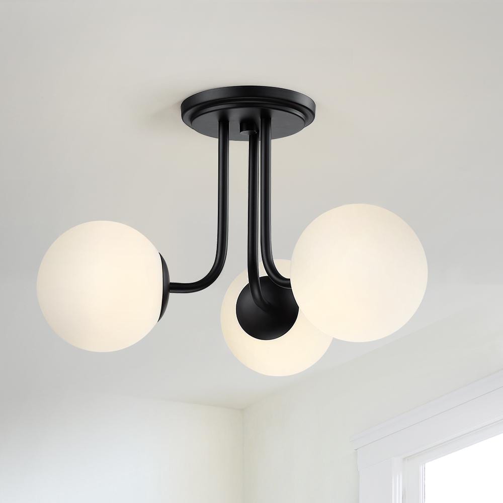 Opal Matte Black and White Glass Globe LED Semi-Flush Mount Light
