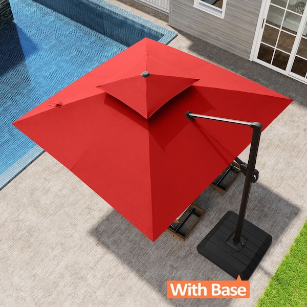 10 ft. Square Aluminum 360° Rotation Offset Cantilever Patio Umbrella in Red and Umbrella Stand Fillable Base