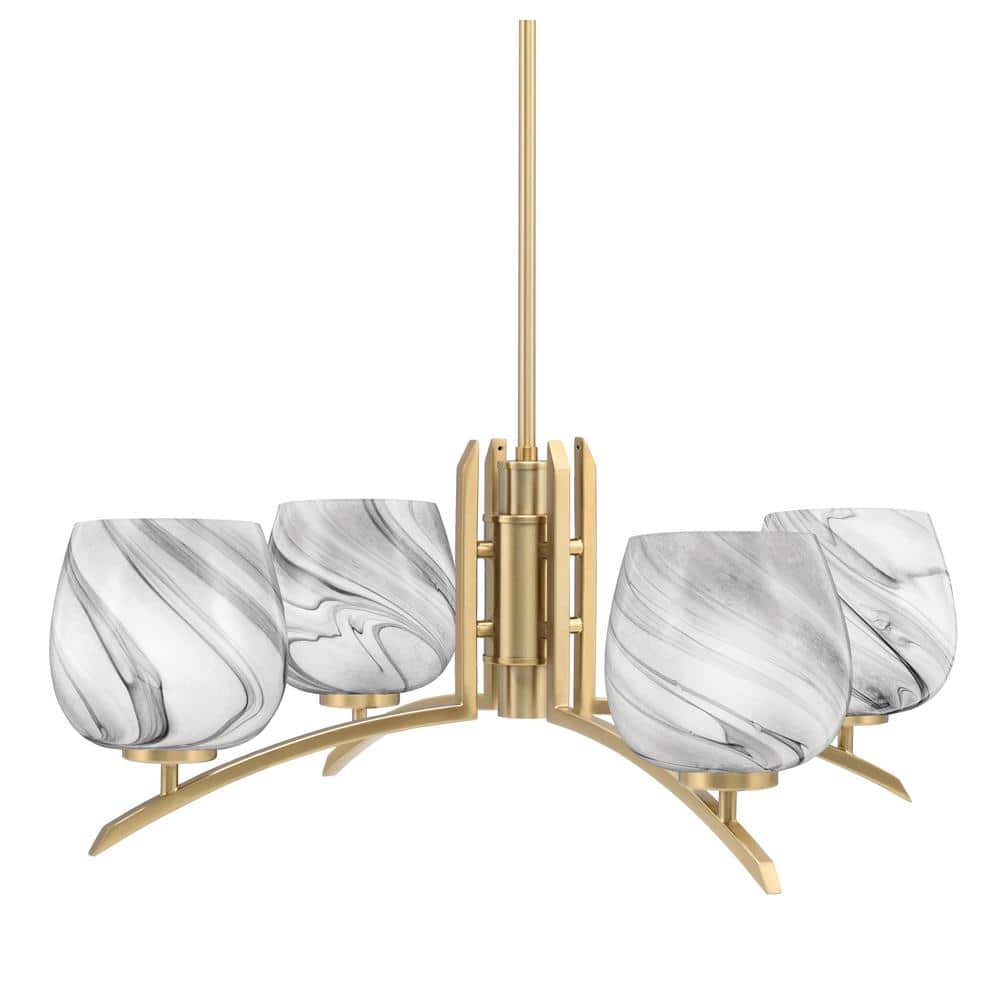 Siena 27.5 in. 4-Light New Age Brass Chandelier with 6 in. Onyx Swirl Glass
