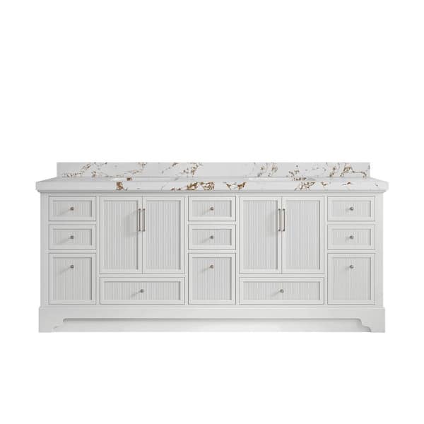 Willow Collections Alys 84 in. W x 22 in. D x 36 in. H Double Sink Bath Vanity in White with 2" Viola Brown Quartz Top