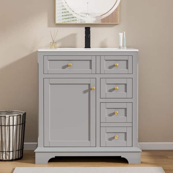 eclife 30 in. W x 18.7 in. D x 34 in. H 1-Sink Freestanding Bath Vanity in Gray With White Ceramic Top and Drain Faucet Set