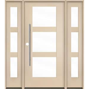 Modern Faux Pivot 64 in. x 80 in. 3-Lite Right-Hand/Inswing Clear Glass Unfinished Fiberglass Prehung Front Door w/DSL