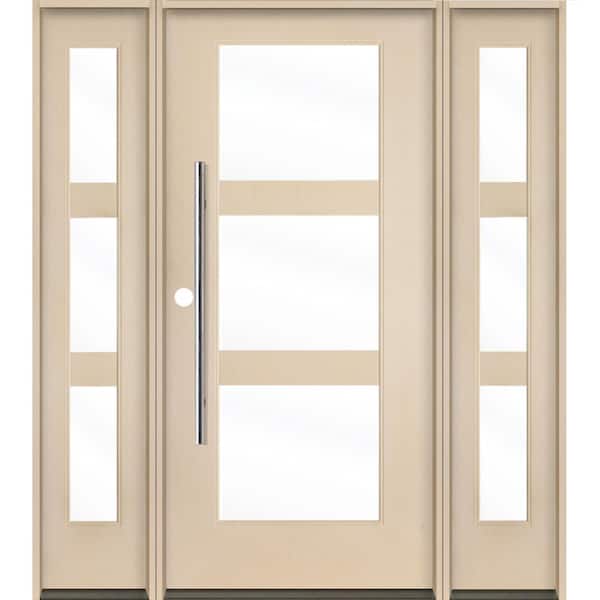 Krosswood Doors Modern Faux Pivot 64 in. x 80 in. 3-Lite Right-Hand/Inswing Clear Glass Unfinished Fiberglass Prehung Front Door w/DSL