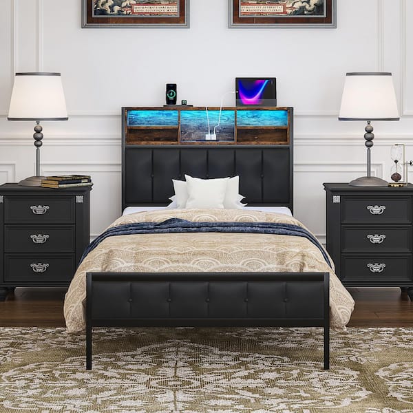 Black Platform Bed with Storage, LED Lights, USB Ports & Power Outlets – Upholstered Twin Bed Frame with Headboard Shelf