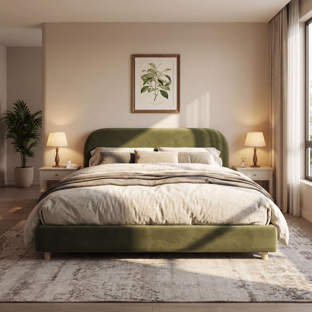 Solara Olive Green Wood Frame King Size Upholstered Platform Bed with Curve-Shaped Design Headboard - thumbnail 8