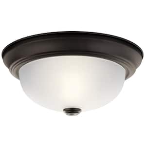 Independence 11.25 in. 2-Light Olde Bronze Traditional Hallway Flush Mount Ceiling Light with Stain Etched Glass