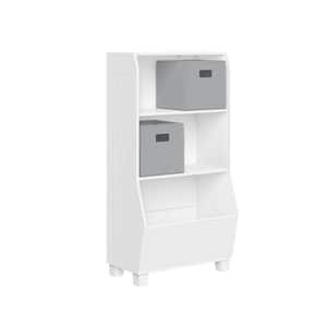 23-in. Wide White Playroom Bookshelf with Veggie Bin Organizer, 2-Open Toy Storage Shelves, and 2-Gray Fabric Bins