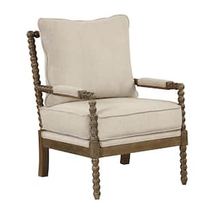 Mid Century Beige Spindle Accent Chair Upholstered Armchair with Thick Cushion and Wood Frame