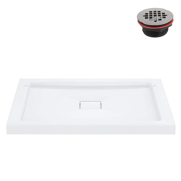 DT-2233-111 42 in. x 32 in. Corner PP Shower Pan Base in Glossy White with Center Drain, Drain Included