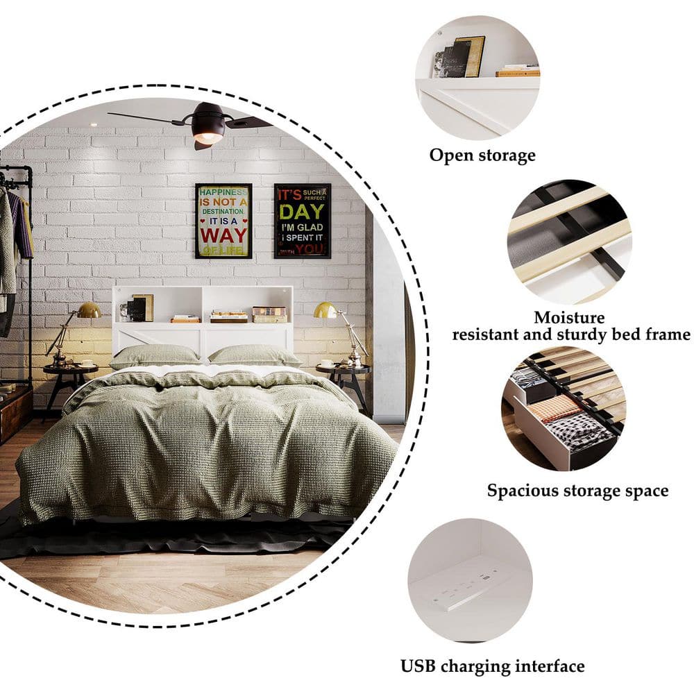 White Wooden Frame Queen Size Platform Bed, Panel Bed with 4 Large Drawers, 2 Open Shelves and Cat Tunnel - thumbnail 6