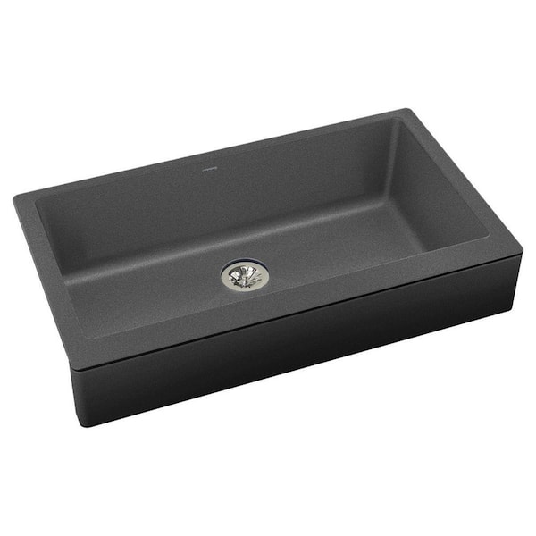 Quartz Luxe 35.88 in. Farmhouse/Apron-Front Single Bowl Charcoal Quartz Kitchen Sink with Perfect Drain