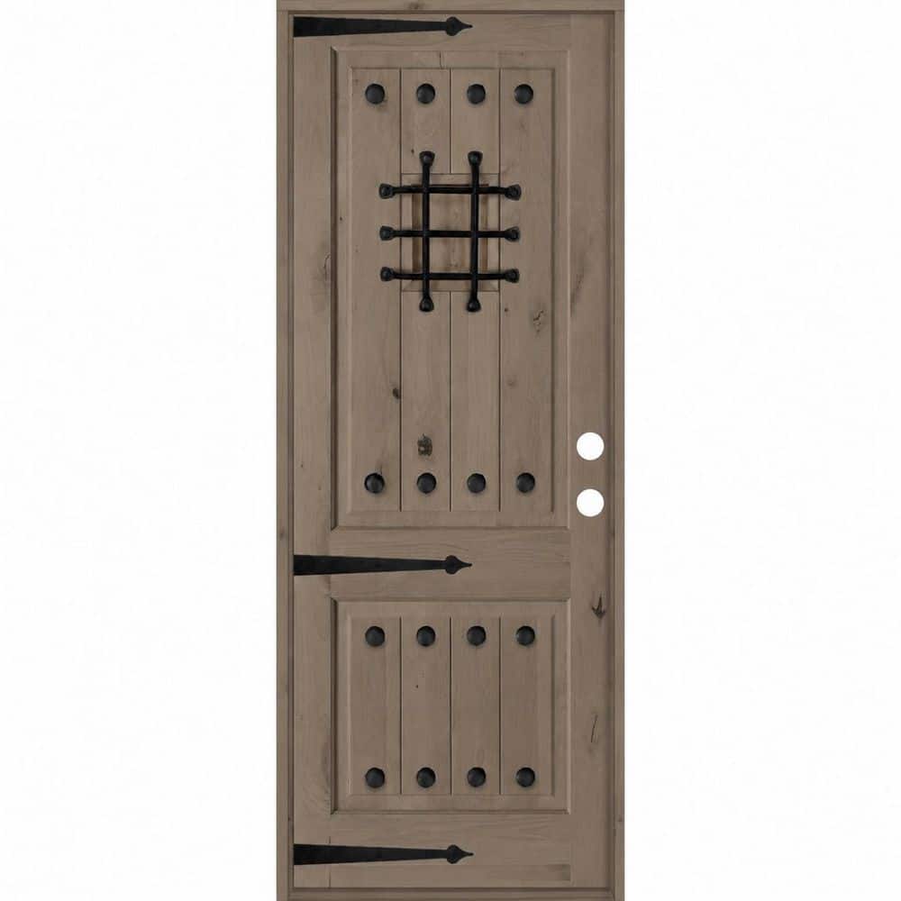 32 in. x 96 in. Med. Knotty Alder Square Top Left-Hand/Inswing BEHR Weathered Gray Stain Single Wood Prehung Front Door price history on PriceWatchPro