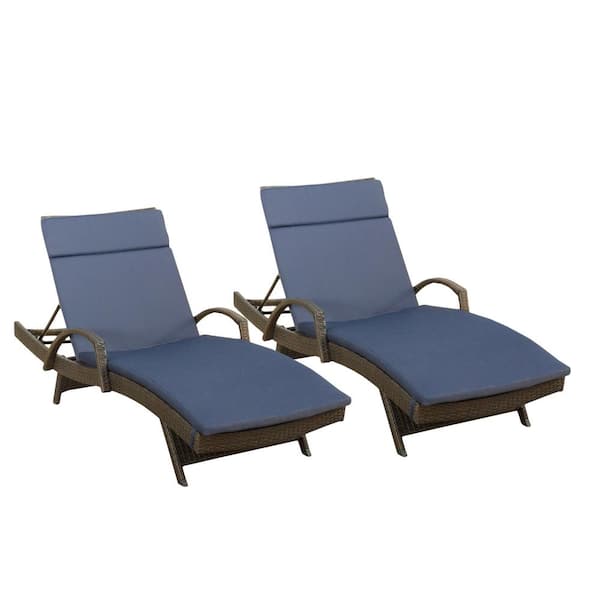 Multi-Brown 2-Piece Faux Rattan Outdoor Patio Chaise Lounge Set with Navy Blue Cushions