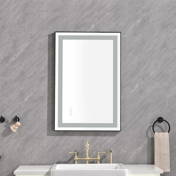 FUNKOL 24 in. W x 36 in. H Small Rectangular Aluminium Framed Dimmable Wall Bathroom Vanity Mirror in Black
